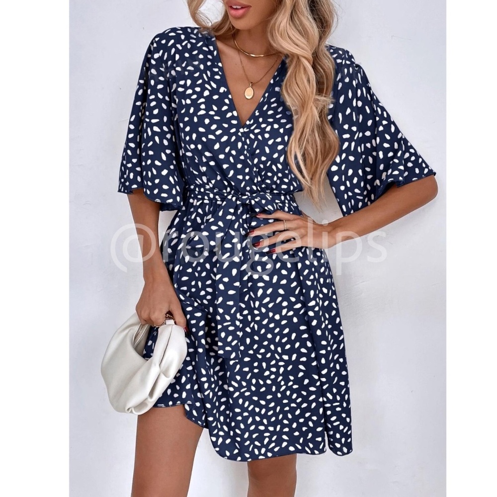 Navy Blue All Over Print Dress White Dalmatian, Spotted Faux Wrap, Tie Belt - Picture 5 of 8
